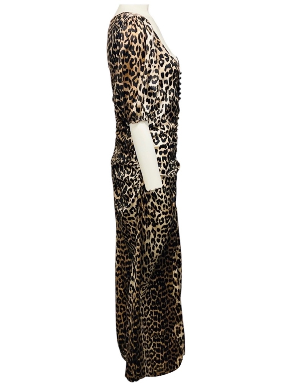 GANNI TAN / BROWN / BLACK LEOPARD PRINTED SHORT SLEEVED SILK MIDI DRESS - Picture 2 of 7